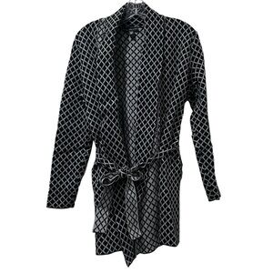 Saks Fifth Avenue Medium Black and White Geo Print Cotton Blend Sweater Y1